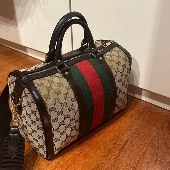 Gucci Beige and Brown Monogram Satchel with Green and Red Stripe
No straps/ - Picture 3 of 6